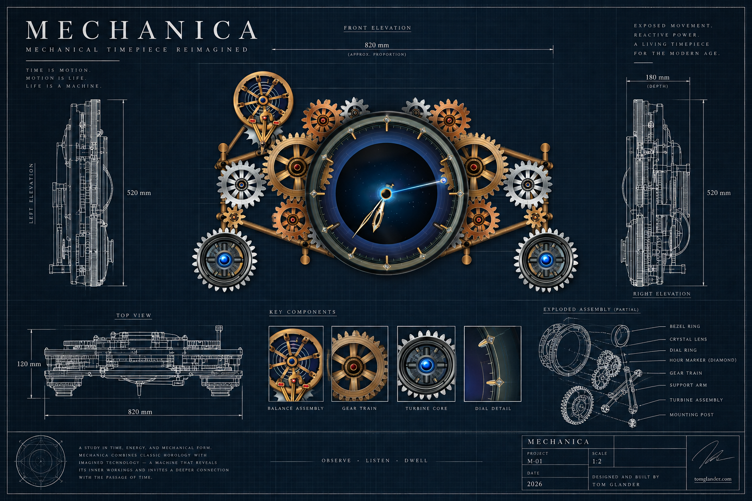 Mechanica blueprint and mechanical clock