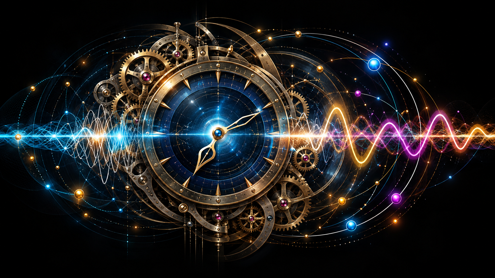 Composite artwork combining mechanical, orbital and generative time worlds